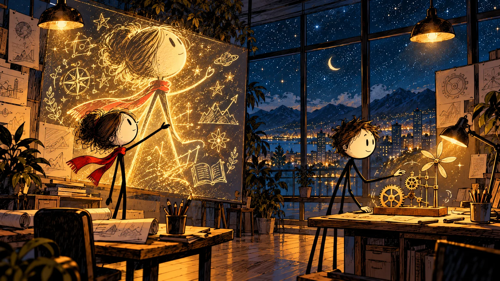 Ilustração do Rabiscalma com personagens de palito: Dois adultos apresentam projetos numa sala com janelas azuis.