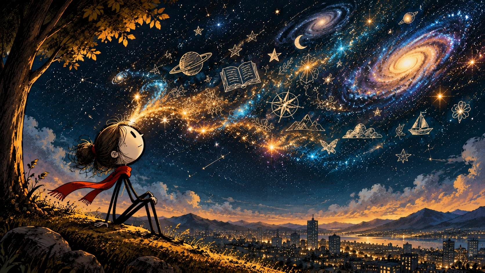 Personagem de cachecol vermelho observa um universo de ideias desenhadas no céu